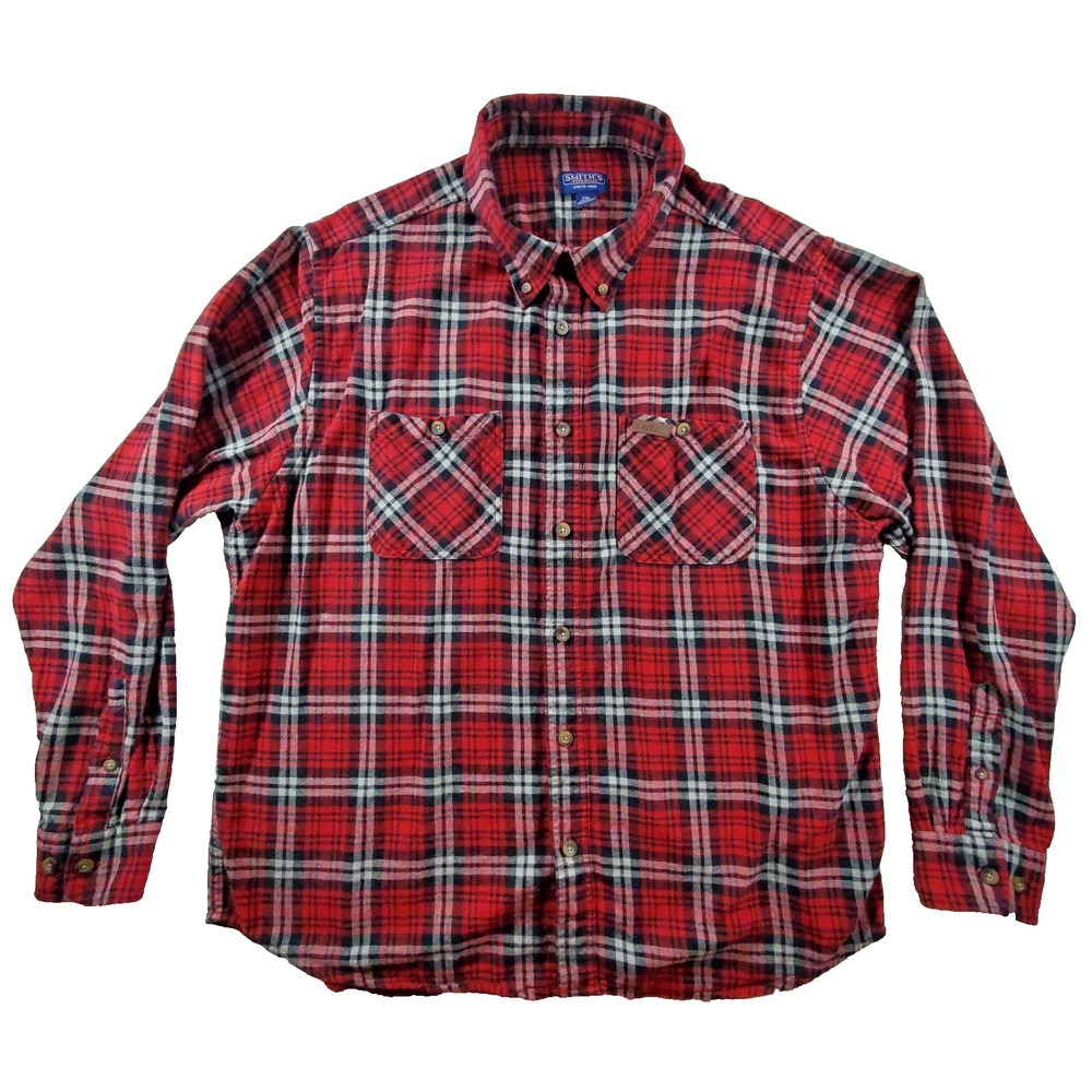 Smith's Workwear Flannel Shirt Mens 2XL Red Plaid‎ Button Front Cotton